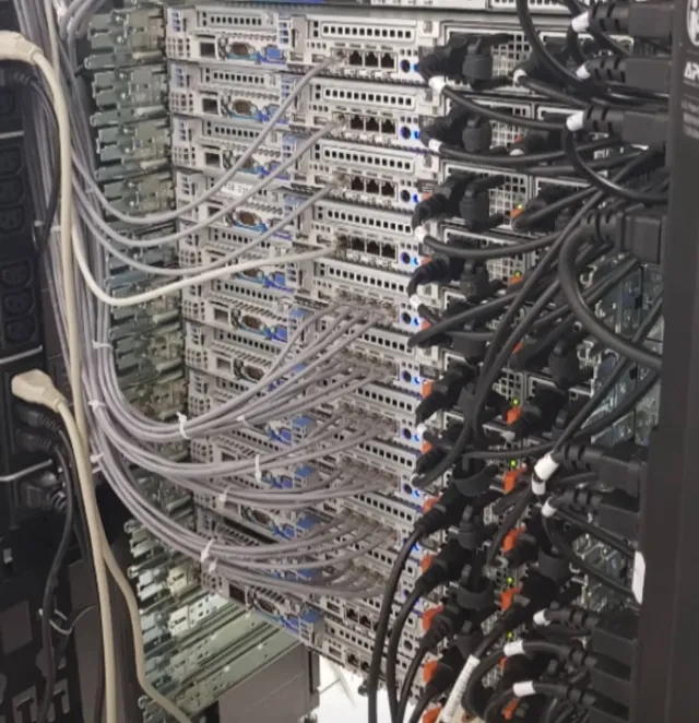 Rear of a datacenter rack — patch and power cabling on Dell servers