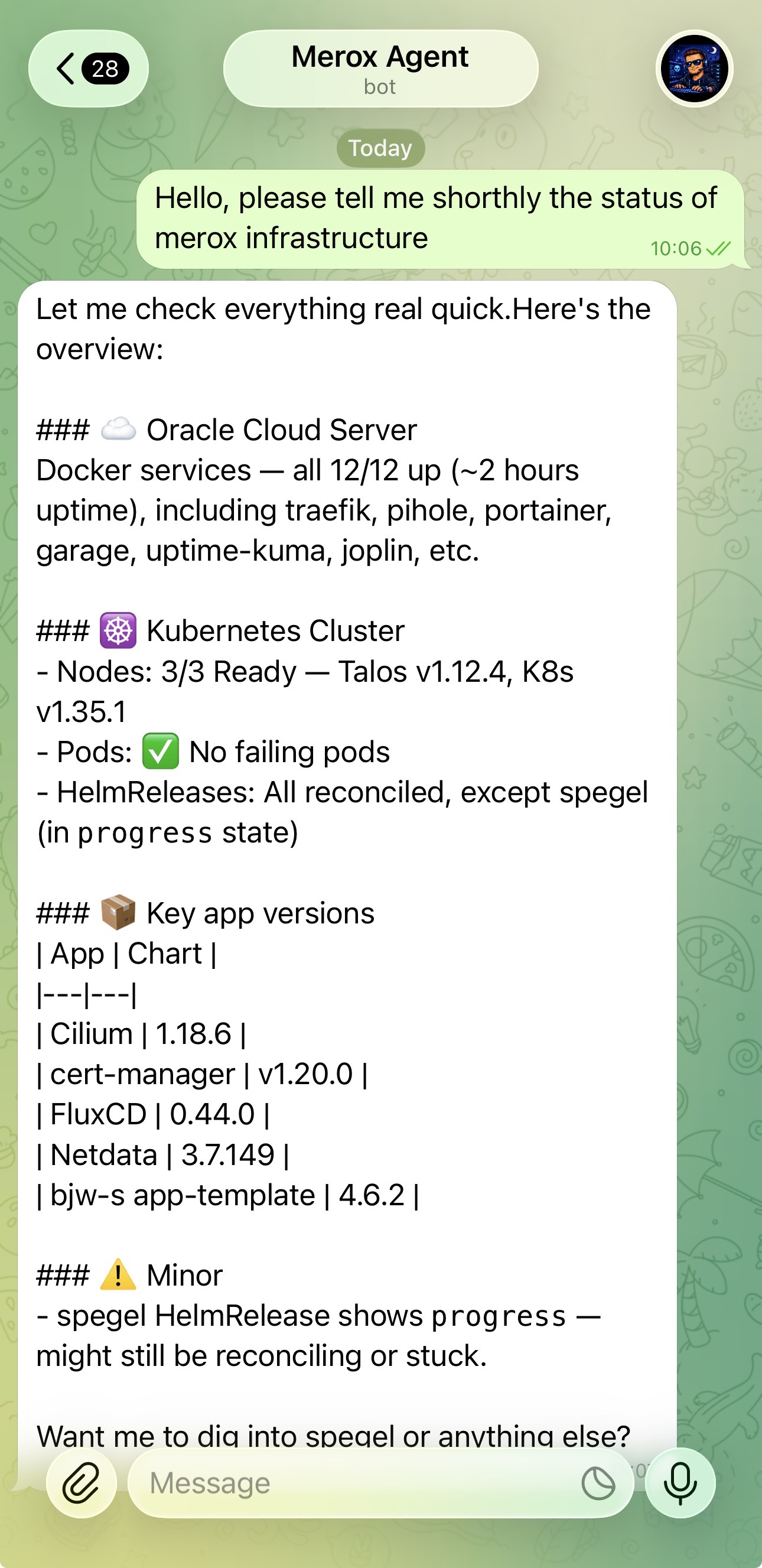 Infrastructure status overview from Telegram