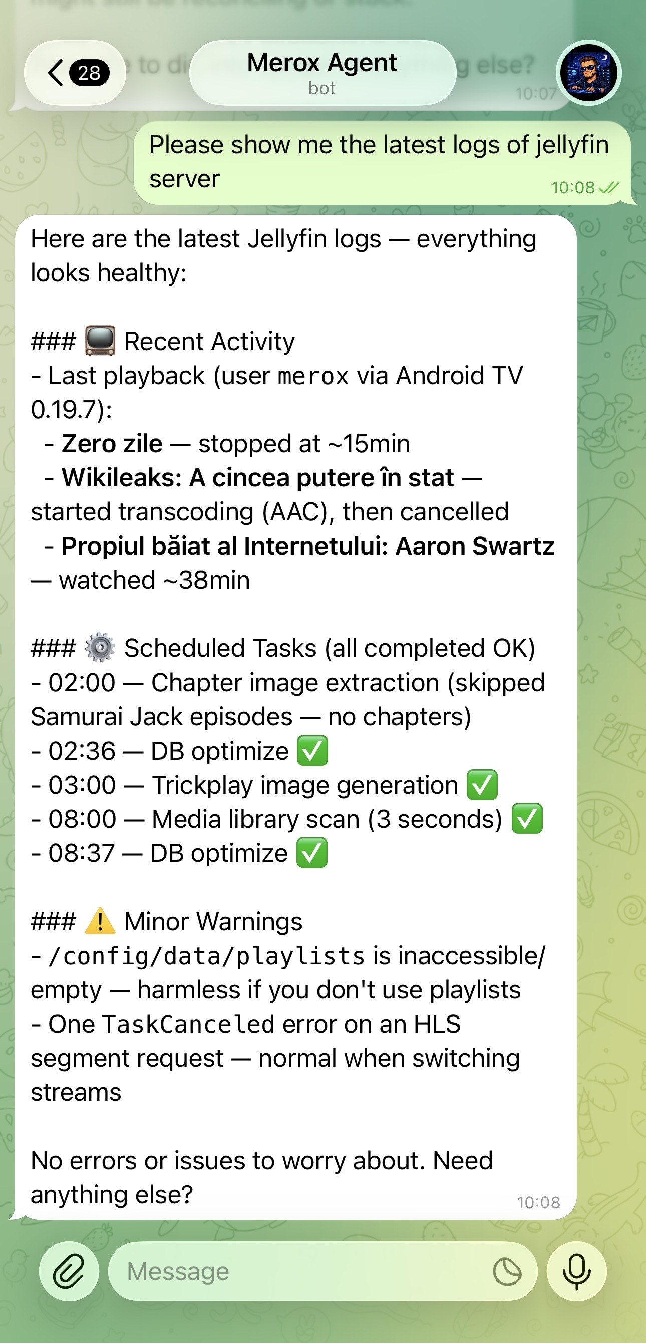 Jellyfin logs check from Telegram