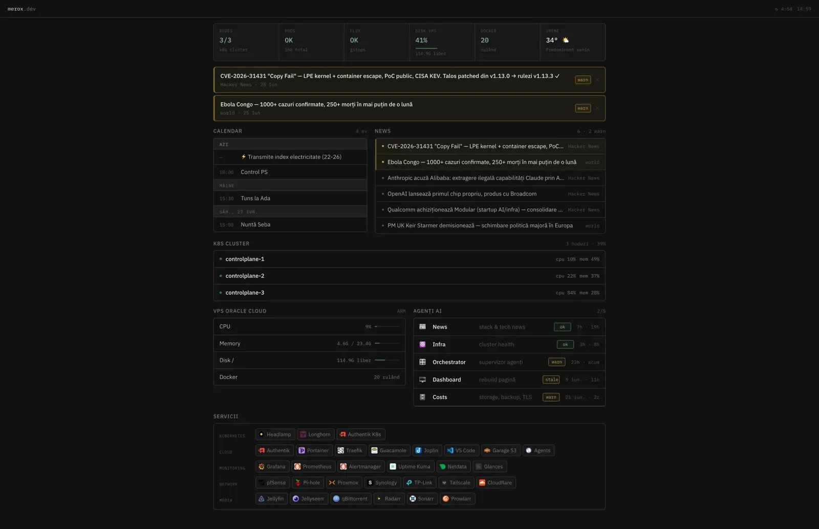 Agents command center dashboard — agents status, K8s cluster, VPS metrics, calendar and services