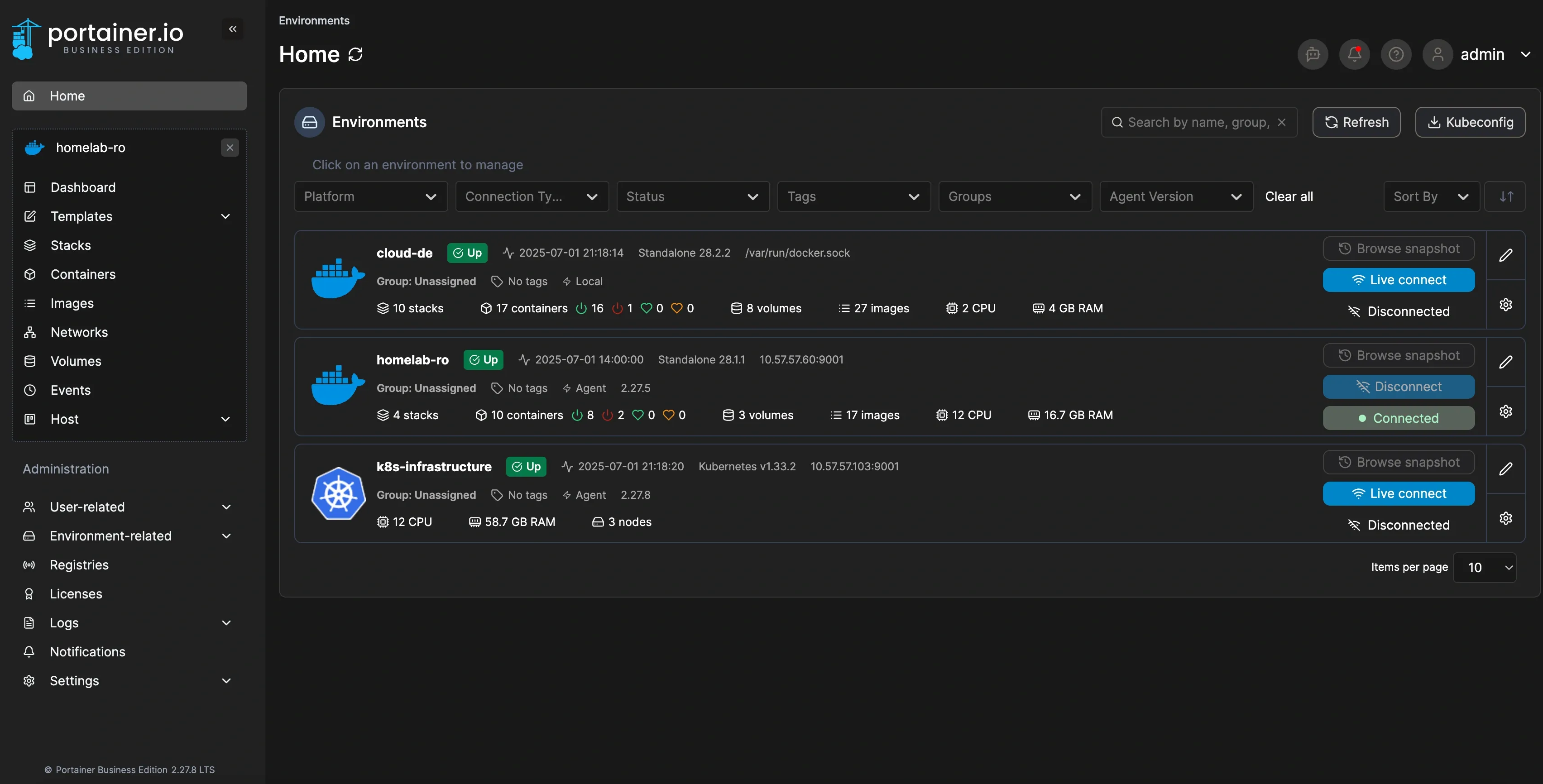 Portainer multi-cluster view showing all environments