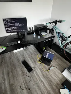 pfSense troubleshooting session — console on the monitor, keyboard on the floor