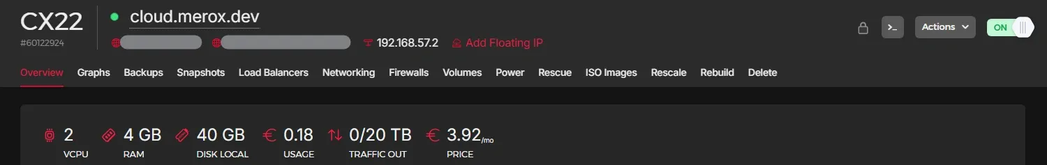 Hetzner cloud dashboard showing VPS instances