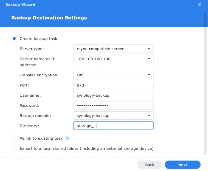 Screenshot of HyperBackup rsync configuration