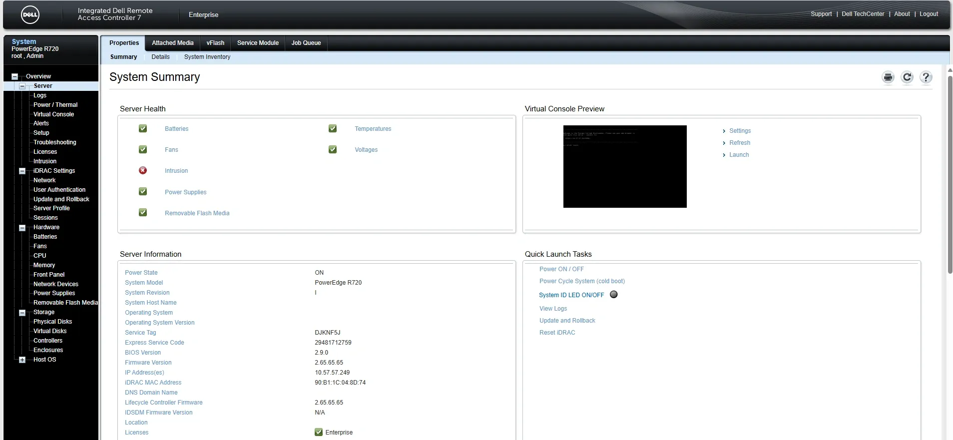 iDRAC management interface for Dell R720