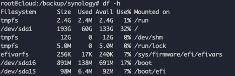 Screenshot showing df -h output with 136GB available