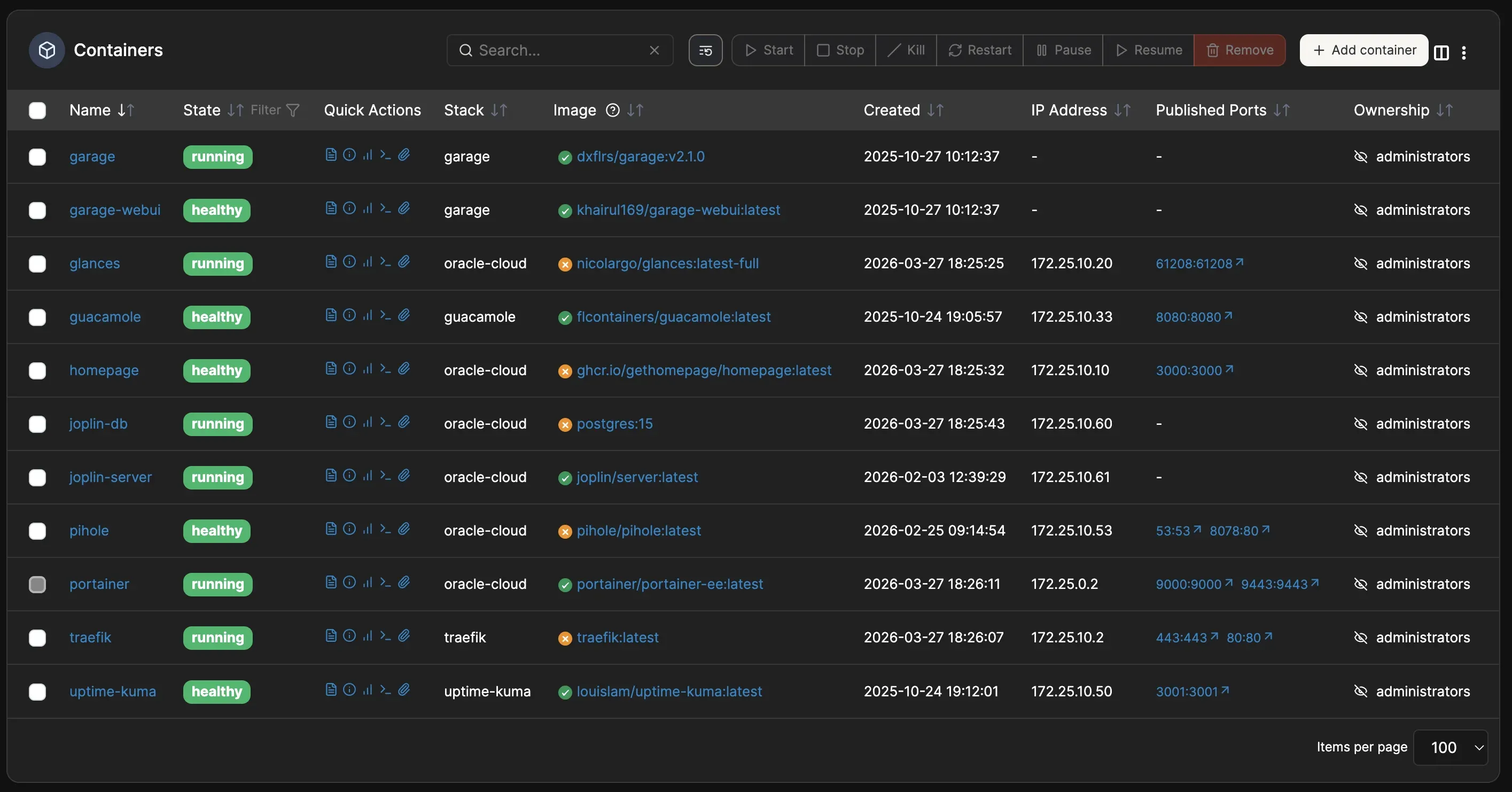 Portainer containers on the Oracle Cloud instance