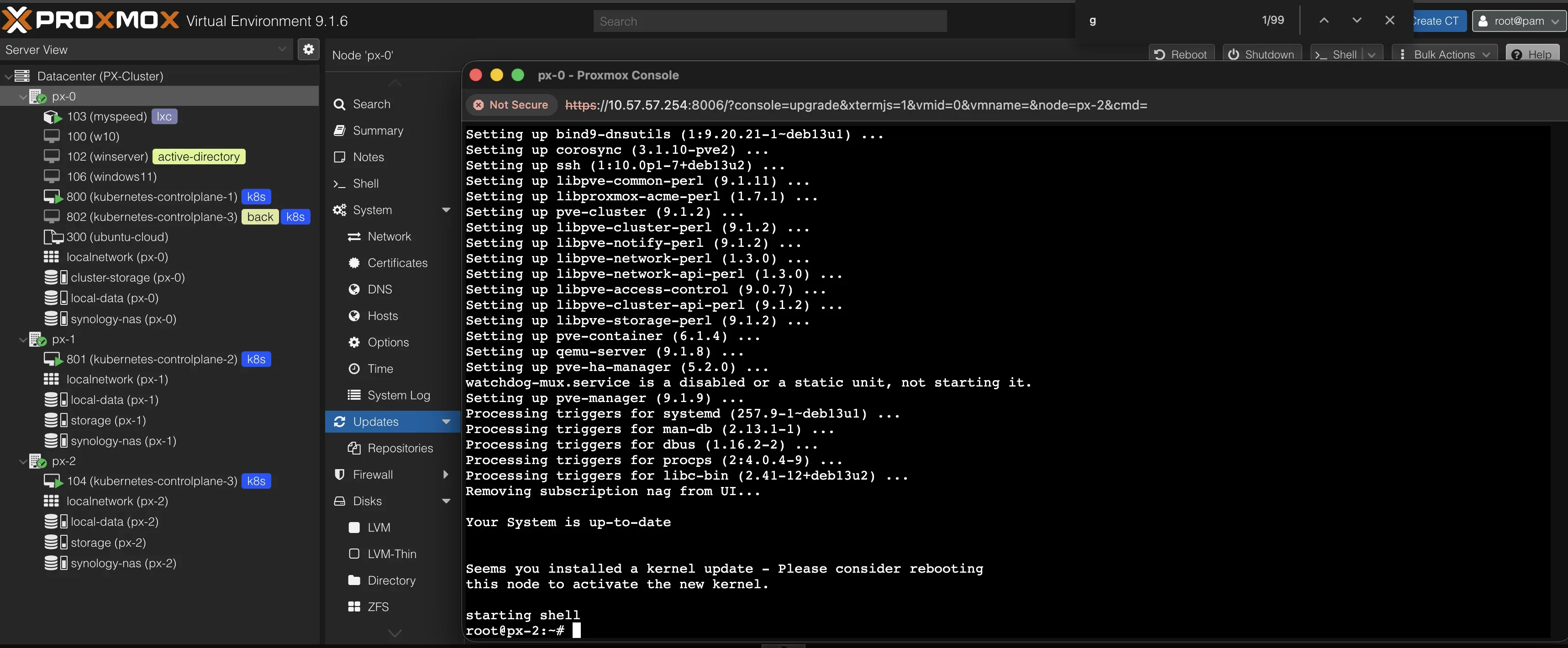 Proxmox node px-2 completing apt dist-upgrade