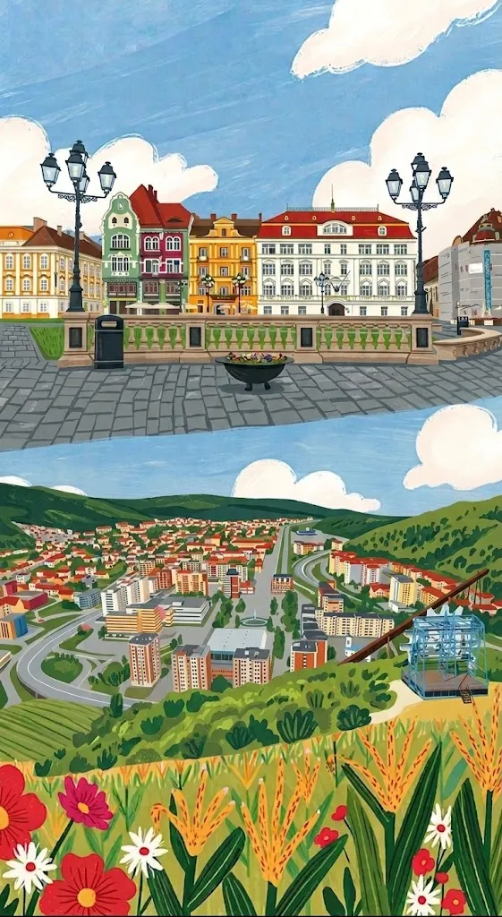 Illustration of two cities: Piața Unirii in Timișoara, where I live, above Reșița in its valley, where I was born
