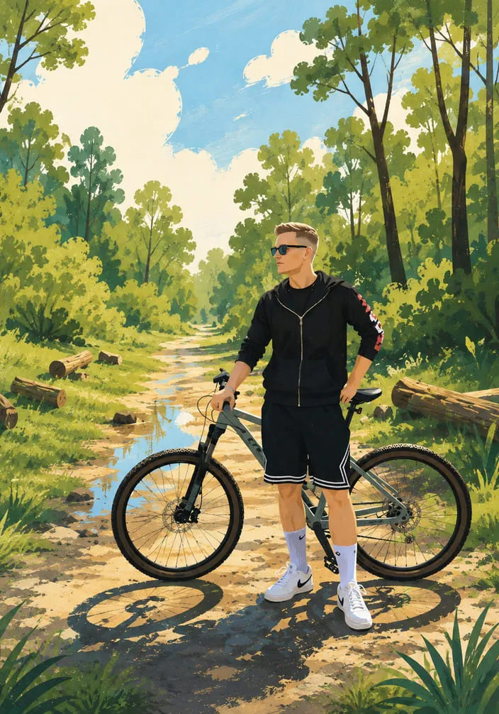 Illustration of me standing with a mountain bike on a rutted forest trail, sunlight through the trees