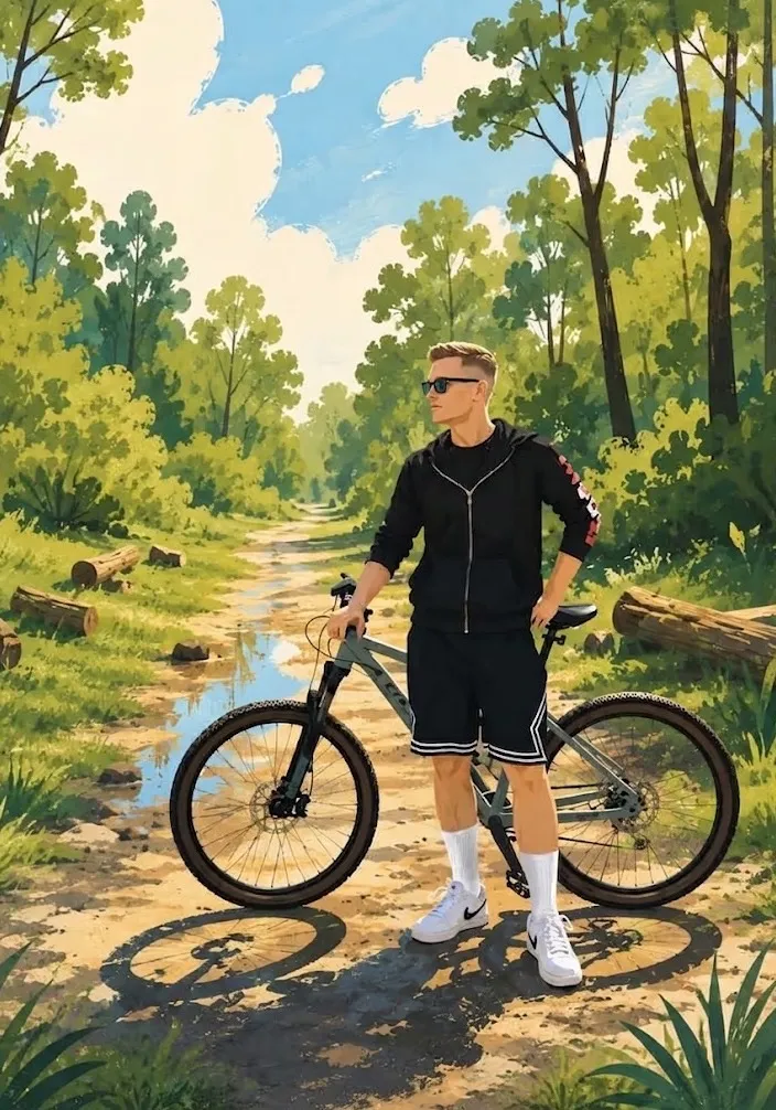 Illustration of me standing with a mountain bike on a rutted forest trail, sunlight through the trees