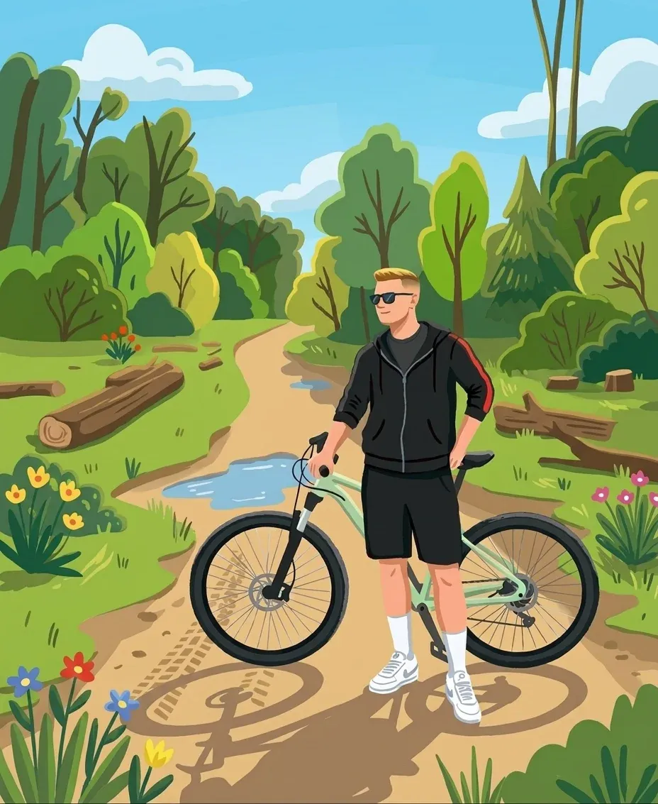 Illustration of Robert with his bike on a forest track outside Timișoara