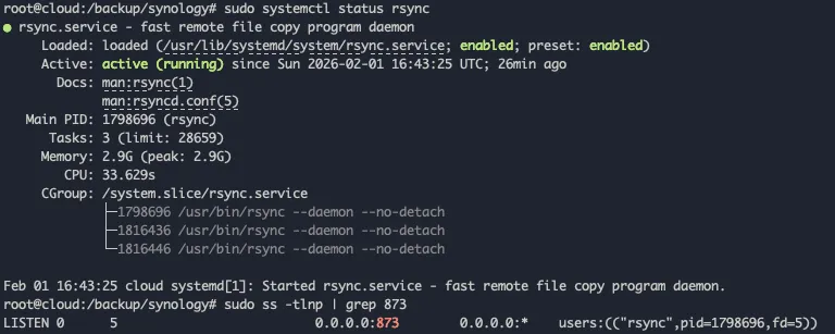 Screenshot showing rsync daemon running