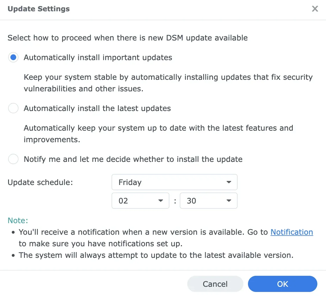 Synology DSM Update Settings — important updates, Friday 02:30