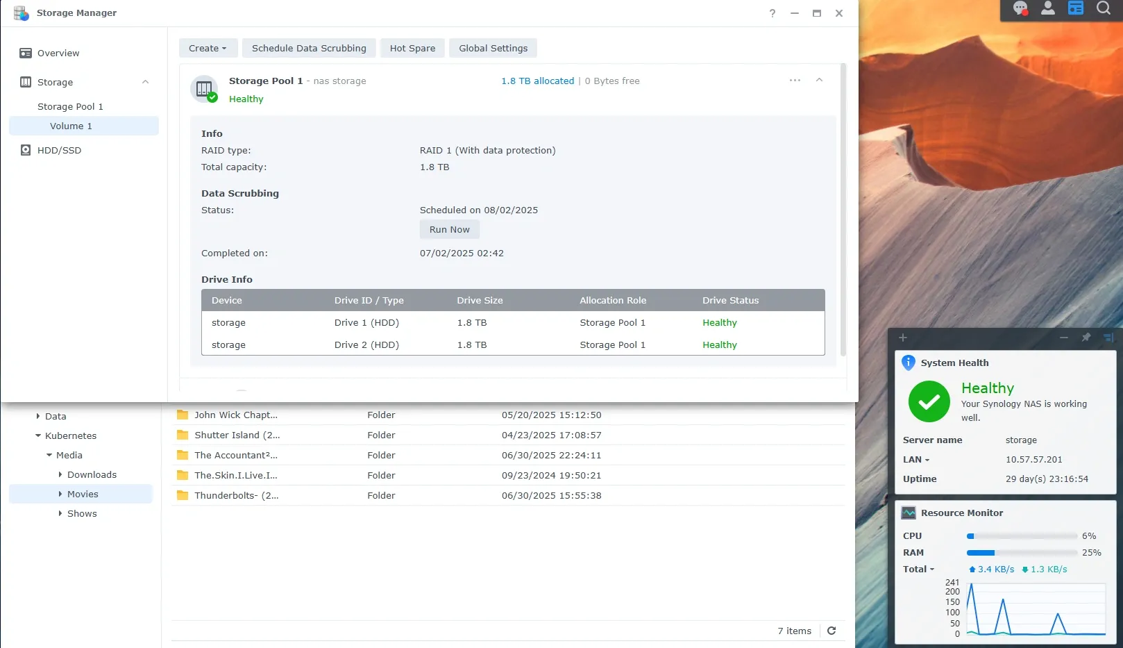 Synology services overview dashboard