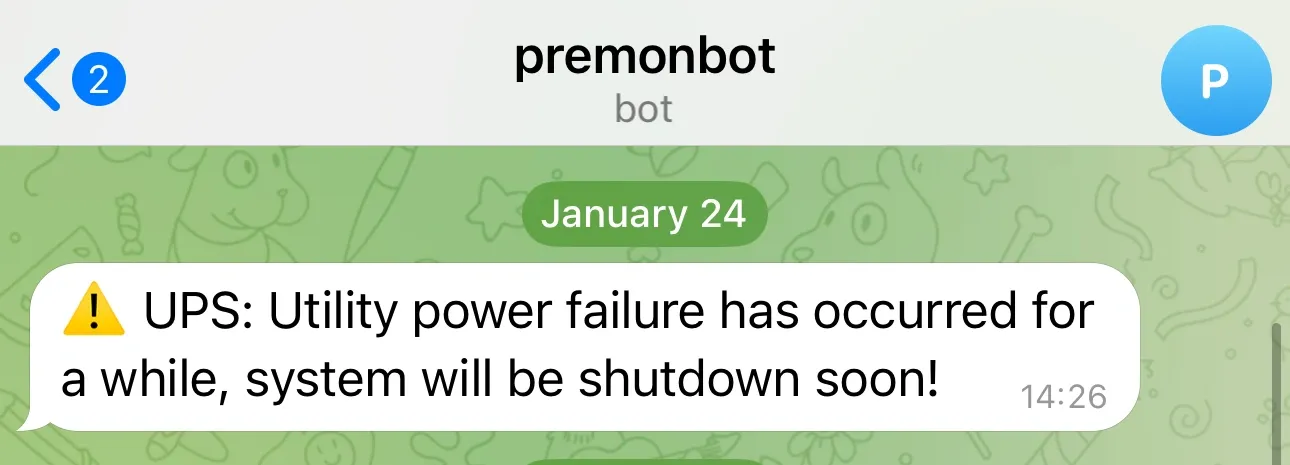 Telegram UPS notification showing power alert