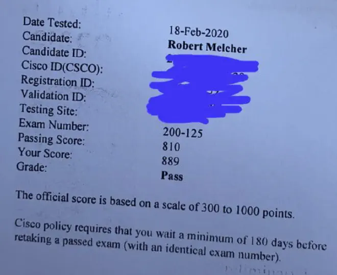 Final CCNA score (889/1000)