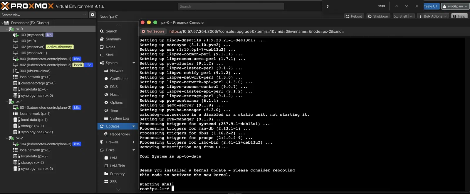 Proxmox node px-2 completing apt dist-upgrade