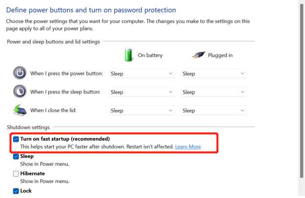 Windows Fast Startup disable screen