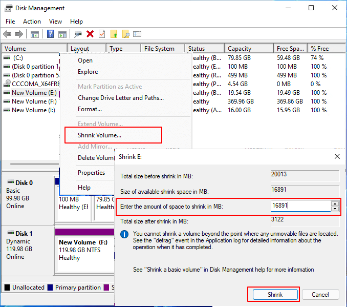 Windows Disk Management showing shrink option