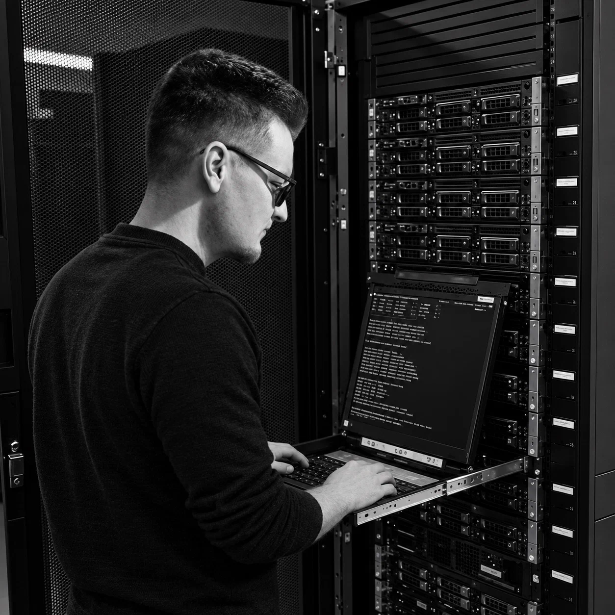 Me at a server rack in a data centre, typing on the rack's pull-out console