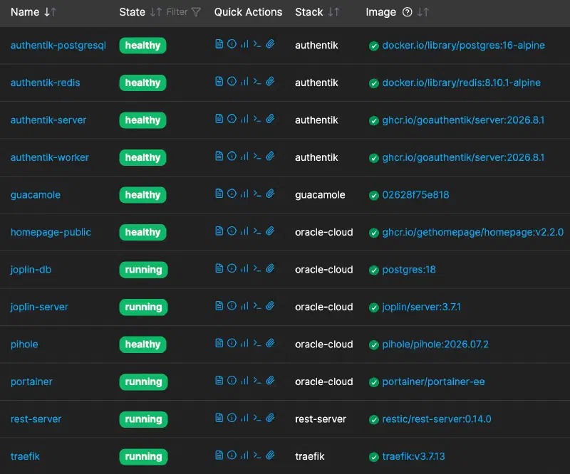 Portainer on the VPS: the Authentik server, worker, Postgres and Redis, Guacamole, the public Homepage, Pi-hole, Joplin and its database, Portainer itself, the restic REST server and Traefik; every container healthy or running